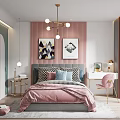 Kids Room Interior Design With Pink Bedding Desk Chair And Decorative Paintings