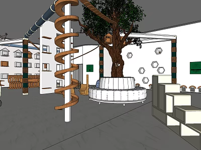 Shopping Mall Store Interior With Spiral Staircase Large Tree Round Sofa And Hexagonal Decorations 3d model