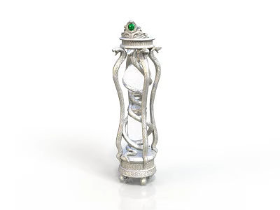 Silver Hourglass with Green Gemstone Top and Intricate Decorative Stand Design 3d model