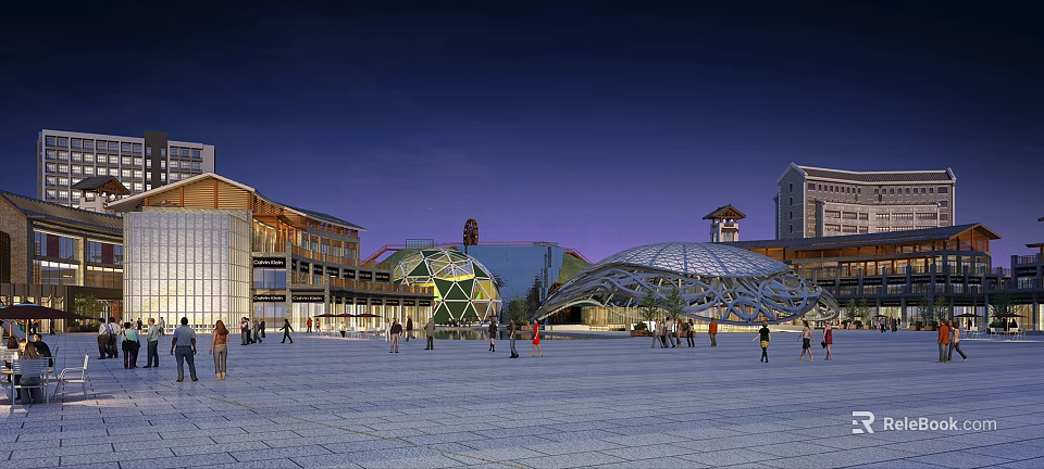 Modern Commercial Complex With Urban Plaza Unique Roof Structure And Night Lighting 3d model 