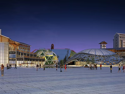 Modern Commercial Complex With Urban Plaza Unique Roof Structure And Night Lighting 3d model