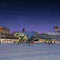 Modern Commercial Complex With Urban Plaza Unique Roof Structure And Night Lighting