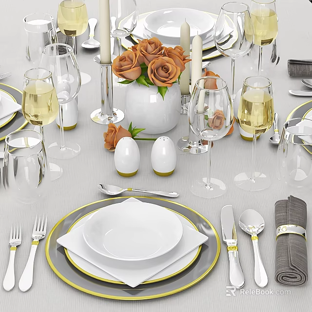 Elegant Dinnerware Set with White Plates Gold Rim Glassware Cutlery Roses Vase and Table Setting 3d model 