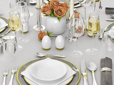 Elegant Dinnerware Set with White Plates Gold Rim Glassware Cutlery Roses Vase and Table Setting 3d model
