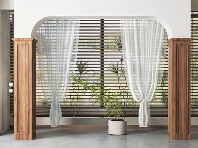 Archway In Interior With Wooden Columns White Curtains Blinds And Plants 3d model