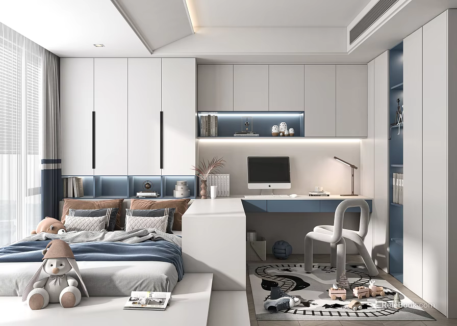 Modern Tatami Bedroom With Tatami Bed Stuffed Toys Desk Computer Lamp White Blue Cabinets 3d model 