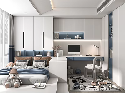 Modern Tatami Bedroom With Tatami Bed Stuffed Toys Desk Computer Lamp White Blue Cabinets 3d model
