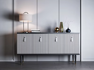 Modern Entryway Sideboard Cabinet With Vertical Stripes Metal Legs Table Lamp And Decorative Vases 3d model