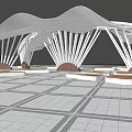 Modern Pergola With Wavy White Structure And Radial Supporting Elements Featuring Benches On Paved Plaza 3d model