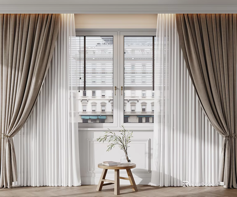 Elegant Double Layer Curtains With Brown And White Fabrics And Plant On Window Sill 3d model 