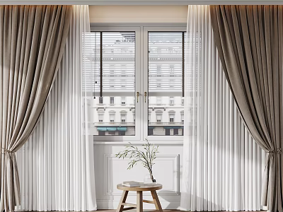 Elegant Double Layer Curtains With Brown And White Fabrics And Plant On Window Sill 3d model