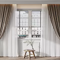 Elegant Double Layer Curtains With Brown And White Fabrics And Plant On Window Sill