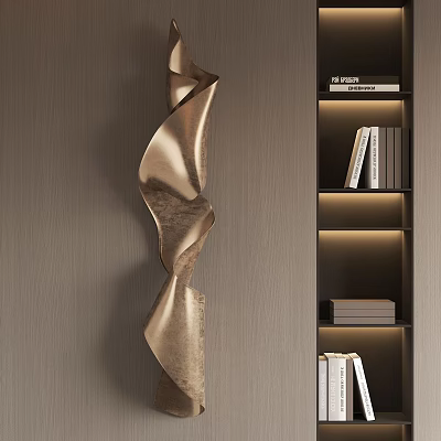 Modern Wall Design Featuring Golden Spiral Decor And Illuminated Bookshelf With Books 3d model