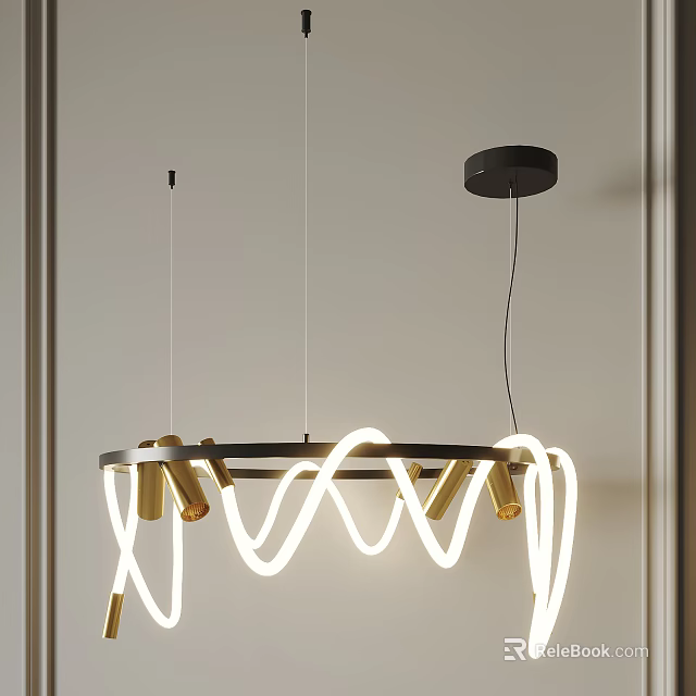 Contemporary Circular Pendant Light Featuring White Neon Strips Gold Metal Brackets And Black Ceiling Base 3d model 