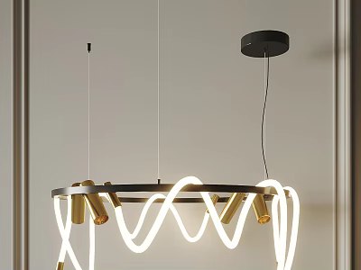 Contemporary Circular Pendant Light Featuring White Neon Strips Gold Metal Brackets And Black Ceiling Base 3d model
