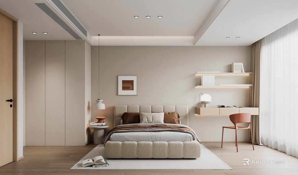 Modern Bedroom Interior With Upholstered Headboard Beige Walls Rug Nightstand Table Lamp Desk And Chair 3d model 