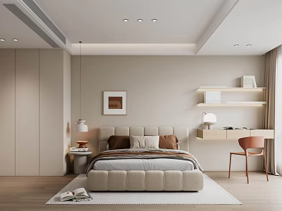 Modern Bedroom Interior With Upholstered Headboard Beige Walls Rug Nightstand Table Lamp Desk And Chair 3d model