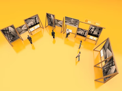 Business Equipment Display Stands in Circular Arrangement with People at Exhibition 3d model