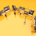 Business Equipment Display Stands in Circular Arrangement with People at Exhibition