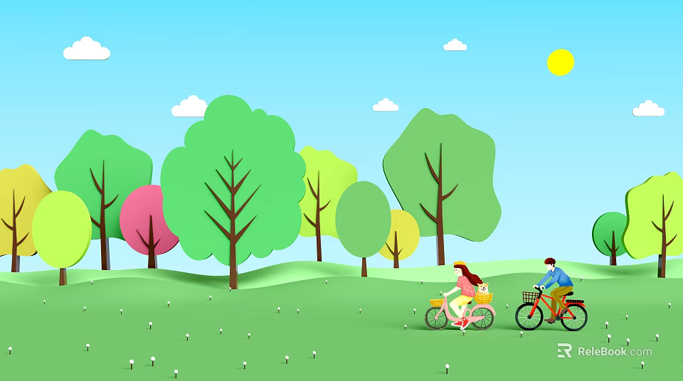 Cartoon Scene With People Riding Bikes In Green Grass Colorful Trees Blue Sky Sun Clouds 3d model 