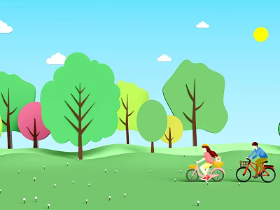 Cartoon Scene With People Riding Bikes In Green Grass Colorful Trees Blue Sky Sun Clouds 3d model