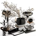 Home Decorative Ornament Set With Twigs Black Vase Glassware Books And Petal Shaped Decor