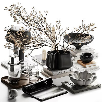 Home Decorative Ornament Set With Twigs Black Vase Glassware Books And Petal Shaped Decor 3d model