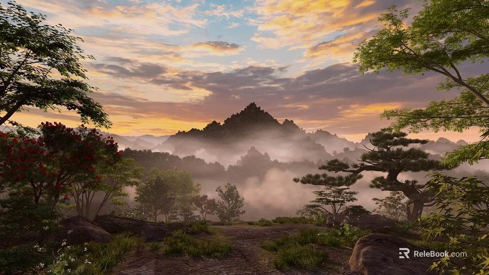 Stunning Sunset Landscape With Misty Mountains Green Trees And Colorful Clouds 3d model 