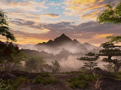 Stunning Sunset Landscape With Misty Mountains Green Trees And Colorful Clouds 3d model