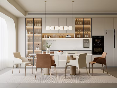 Elegant Modern Restaurant Interior With Dining Table Multicolor Chairs Wine Cabinet And Pendant Lights 3d model