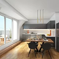 Modern Open Kitchen Interior With Large Windows Wooden Floors And Dining Table 3d model