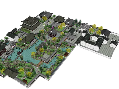 Ancient Chinese Architecture Traditional Courtyard Layout With Pond And Garden Trees 3d model