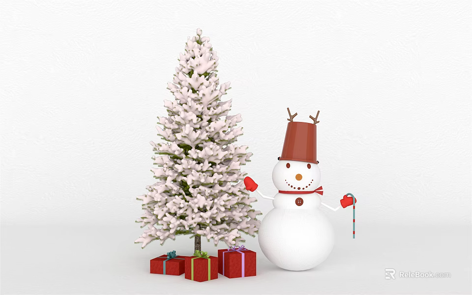 Snow Covered Tree With Red Hat Snowman And Red Gift Boxes On White Background 3d model 