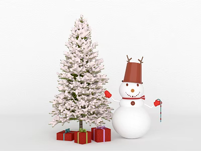 Snow Covered Tree With Red Hat Snowman And Red Gift Boxes On White Background 3d model