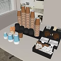 Blue And Brown Stacked Paper Cups With Coffee Lids Sugar Packets Stirrers On Organizer Table