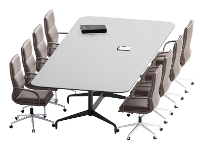Modern White Conference Table With Gray Office Chairs Desktop Device And Notebook 3d model