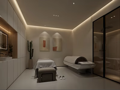 Modern SPA Sauna Interior With Massage Bed Ambient Lighting Cabinets And Minimalist Design 3d model