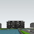Modern Multi Storey Apartment Building With Balconies And Waterfront Landscaping