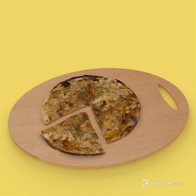 Delicious Pizza on Wooden Tray with One Slice Missing and Yellow Background 3d model 