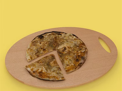 Delicious Pizza on Wooden Tray with One Slice Missing and Yellow Background 3d model