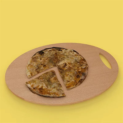 Delicious Pizza on Wooden Tray with One Slice Missing and Yellow Background 3d model
