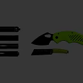 Green Handle Folding Knife With Four Metal Lighters And Serrated Blade Tool On Black Surface