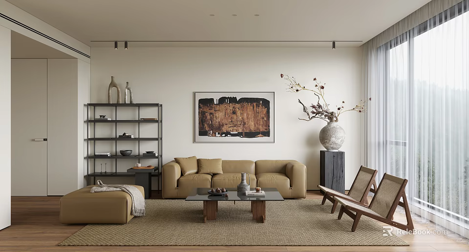 Modern Living Room Interior With Beige Sofa Coffee Table Decorative Artwork Bookshelf And Wicker Armchairs 3d model 