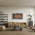 Modern Living Room Interior With Beige Sofa Coffee Table Decorative Artwork Bookshelf And Wicker Armchairs
