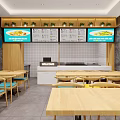 Yue Xiang Donkey Hoof Noodle Restaurant Interior With Wooden Tables Blue Chairs And Order Screens