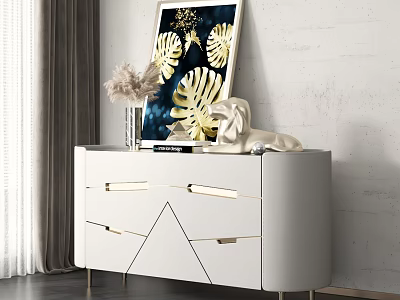 White Console Table with Gold Handles Artwork Dried Flowers and Sculpture 3d model