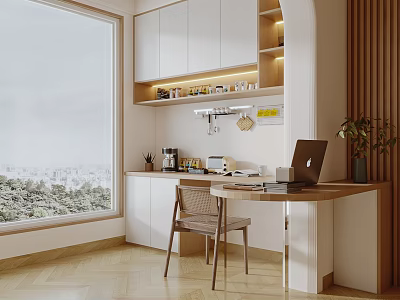 Home Balcony Workspace Featuring Large Window City View White Cabinets And Green Plants 3d model