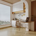 Home Balcony Workspace Featuring Large Window City View White Cabinets And Green Plants