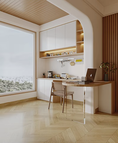 Home Balcony Workspace Featuring Large Window City View White Cabinets And Green Plants 3d model