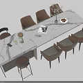 Modern Marble Top Dining Table Set with Stylish Chairs and Decorative Items 3d model